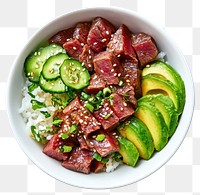 PNG A beef poke bowl with slice avocado on a white bowl food meal dish.