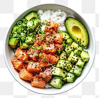 PNG A salmon poke bowl with slice avocado on a white bowl food photography seafood.