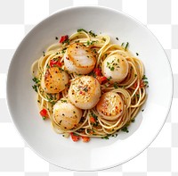 PNG A scallop pasta on a white dish spaghetti plate food.