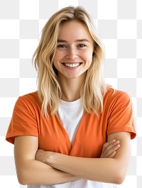 PNG A blonde woman smile and cross the arms over the chess wearing orange shirt over white t-shirt portrait photo photography.