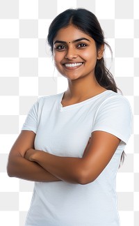 PNG An indian woman smile and cross the arms over the chest wearing shirt over white t-shirt photography background portrait.