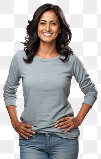 Smiling south asian woman sleeve smile white background. 