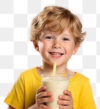 Boy drinking banana smoothie portrait smile photo.