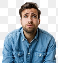 Worried man with blue shirt portrait adult photo.