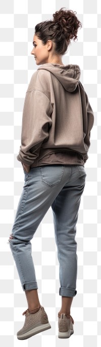 A old woman in jeans looking up on a white background isolation back view sweatshirt sleeve denim.