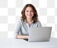 PNG Smiling woman with laptop background computer white.