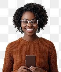 PNG Smiling young black woman holding a phone portrait sweater background.