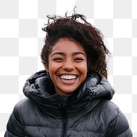 Happy young woman wearing a down jacket laughing clothing apparel.