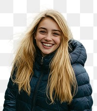 Happy young woman wearing a down jacket blonde photo photography.