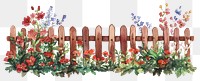 PNG  Brown wooden garden fence with flowers bushes illustration watercolor outdoors.