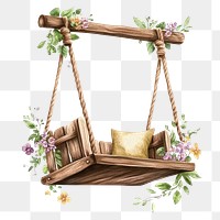 PNG  Wooden swing chair illustration flowers art.