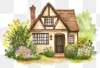 PNG  English cottage with garden architecture illustration watercolor.