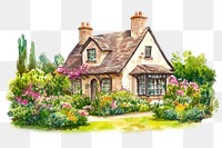 PNG  English cottage with garden art illustration watercolor.