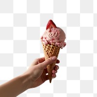 PNG Hand holding strawberry icecream dessert cone delicious.