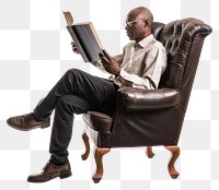 PNG Black senior man sitting in armchair reading book background white 