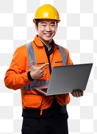 A Japanese civil engineer wearing safety gear laptop computer holding. 