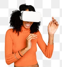 Smiling woman mockup png having fun with VR headset digital device