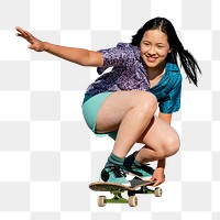 Skateboarding png, asian girl enjoying fun activity cut out