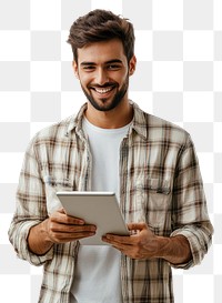 PNG Smiling man holding tablet