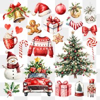 PNG watercolor Christmas element set, transparent background