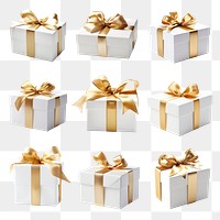 PNG white gift box golden ribbon element set, transparent background