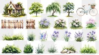 PNG cottage garden element set, transparent background