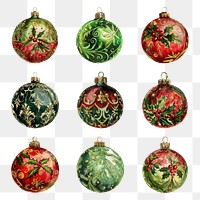 PNG vintage Christmas bauble design element set, transparent background