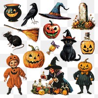 PNG Halloween vintage illustration element set, transparent background