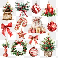 PNG festive watercolor Christmas holiday element set, transparent background