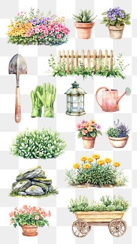 PNG watercolor countryside garden  element set, transparent background