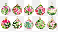 PNG watercolor Christmas bauble ornament  element set, transparent background