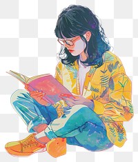 PNG Girl reading Risograph style painting drawing sketch.