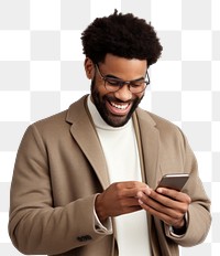 PNG Smiling looking at his phone adult man white background.