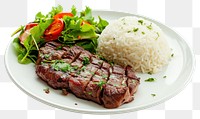 PNG Steak with rice salad plate meat.