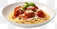 PNG Spaghetti and meatballs dish with a rich tomato sauce and grated Parmesan cheese pasta plate food.