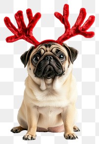 PNG Pug dog dog wearing a red deer antlers headband on head christmas costume photo.