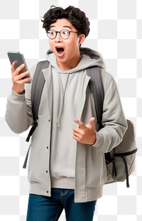 PNG Surprised young Asian student surprised glasses holding. 