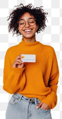 PNG Woman holding credit card happy background sweater.