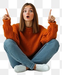 PNG A young woman sit on the floor point to copyspace using thumb finger background expression surprised.