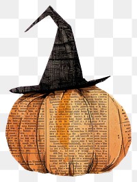 PNG Ephemera paper pumpkin with witch hat art background newspaper.