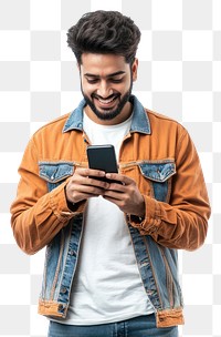 PNG Man holding mobile phone background portrait isolated.