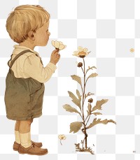 PNG Little boy smelling flower illustration vintage vintage illustration.