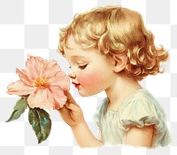 PNG Smelling flower illustration vintage.