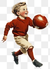 PNG Boy playing football illustration sweater vintage.