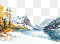 PNG Lake louise with snow in autumn water illustration watercolor.