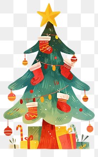 PNG Christmas tree decorated in red illustration stockings star.