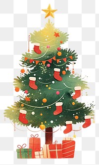 PNG Christmas tree decorated in red illustration stockings star.