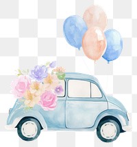 PNG A cute wedding mini car adorned with flowers and balloons illustration watercolor vehicle.