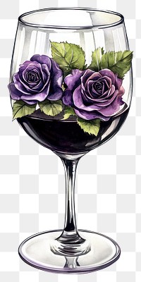 PNG Wine Glasses with purple and black roses glass wine illustration.