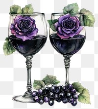 PNG Wine Glasses with purple and black roses glass wine illustration.